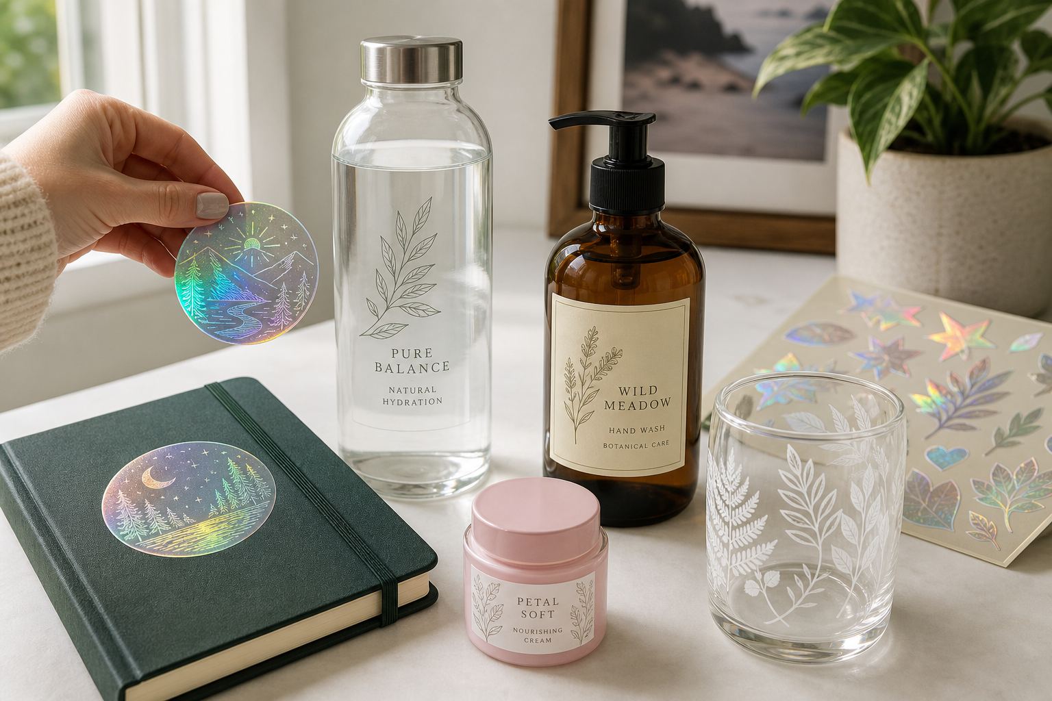 Stickers holográficos, transparentes y con tinta blanca en productos terminados