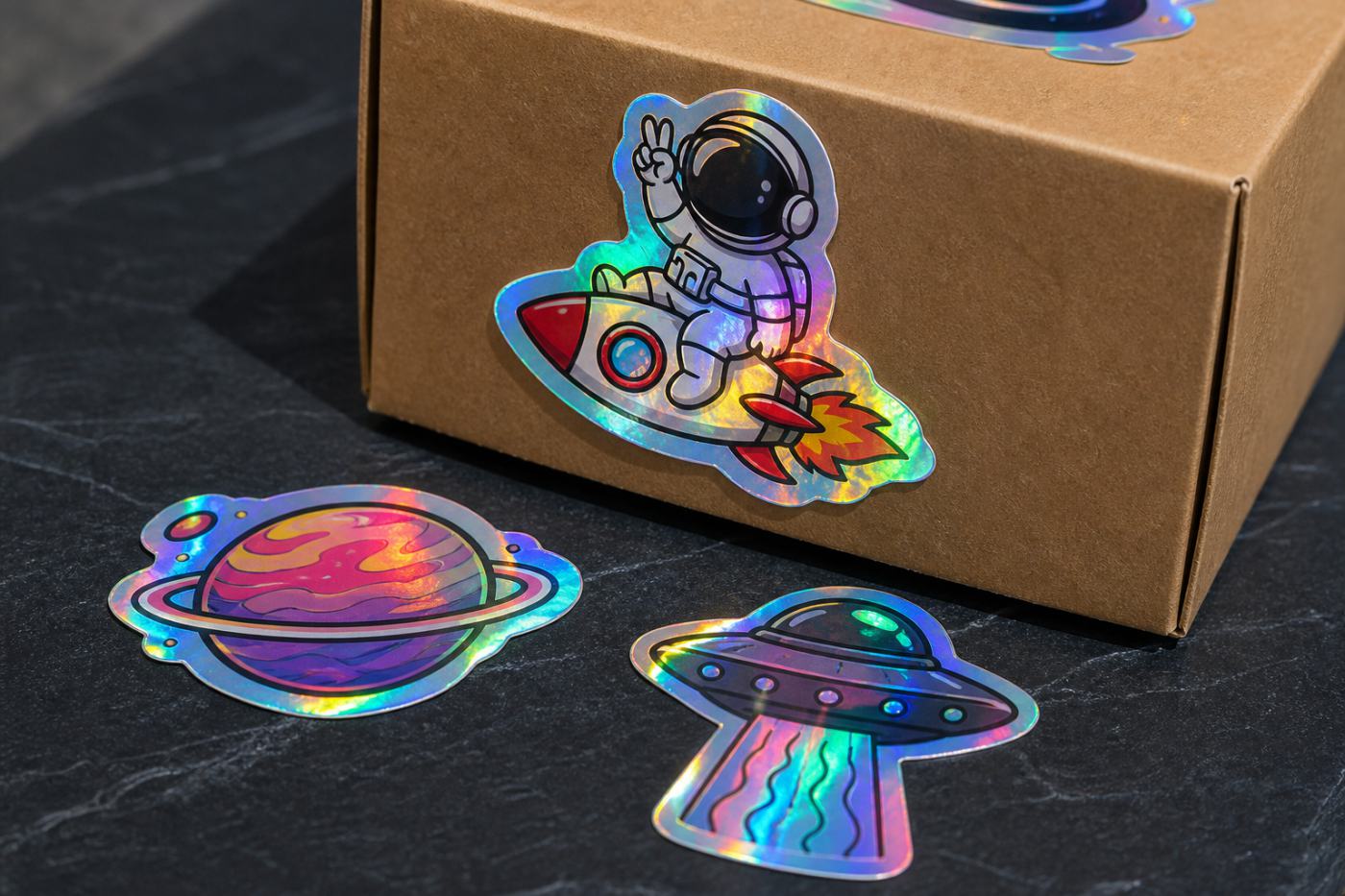 Stickers holográficos con brillo arcoíris en packaging